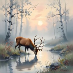 Minimalist impressionist painting of a misty forest at dawn, lone stag drinking from a stream, soft pastel colors, delicate brushstrokes, gentle light filtering through trees, dreamlike and tranquil, 