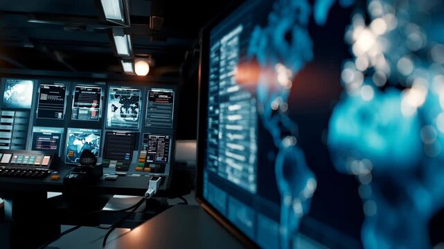 Global pandemic control center monitoring disease spread with international health data visualizations