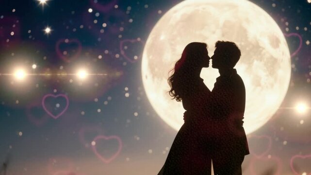 Eternal Kiss Under the Moon: A couple embrace in silhouette against a starlit sky, their tender moment illuminated by the soft glow of a full moon.