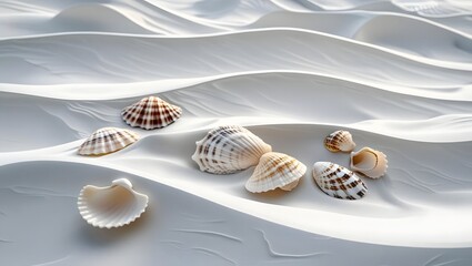 Seashells on Sand: A collection of delicate seashells resting gracefully upon textured sand, evokes a sense of tranquility and the ocean's embrace. The intricate details of each shell come alive.