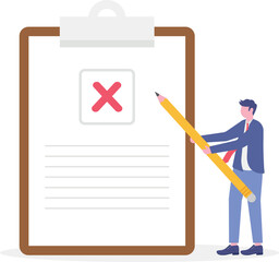Flat illustration of HR manager hold pencil with cross mark on business checklist clipboard task failed
