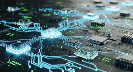 Close-up shows a circuit board with glowing blue and green pathways and integrated components, a futuristic technology representation