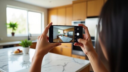 Mano con teléfono fotografiando el interior de una cocina luminosa, con encimera de mármol blanco, gabinetes de madera y electrodomésticos modernos que crean armonía © Leonardo