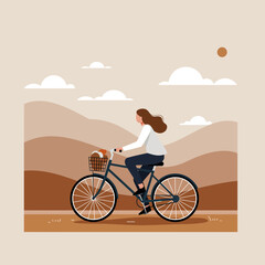 Naklejka premium Woman rides bicycle through autumn landscape, enjoying nature