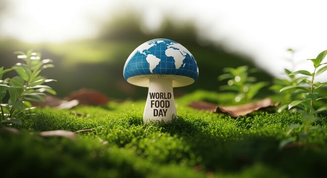 World food day concept with a mushroom cap featuring the earth, symbolizing global nutrition and growth in nature