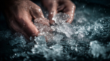 Fototapeta premium Macro details of frost and droplets highlight ice bath wellness trend.