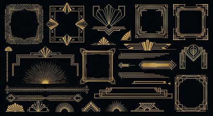 A collection of elegant art deco frames and design elements, perfect for adding a touch of vintage glamour to any project with golden geometric shapes and decorative ornaments