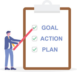 Flat illustration of businessman holds pencil with goal action plan checklist working towards business strategy
