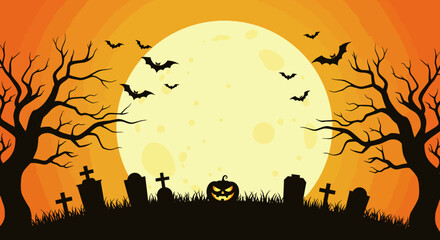 Spooky Halloween Scene with a Giant Full Moon Bats Flying Over Graveyard with Gravestones and a Jack-o-Lantern Under the Gloomy Sky