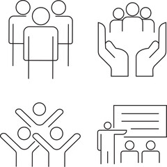Teamwork and Community Support Icons Representing Collaboration, Care, and Learning.
