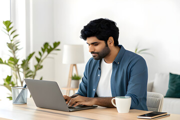 Young Indian Man Working Remotely on Laptop at Modern Home Office