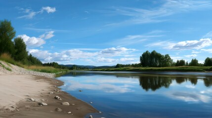 Calm river reflections scenic landscape nature photography peaceful environment wide angle view serenity concept