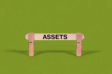 Assets symbol. Wooden stick anchored by Clothespins, Cool Green Background. Business and Assets concept with copy space