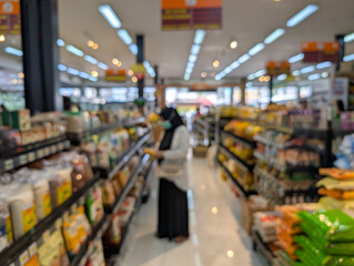  A blur of product shelves in a modern supermarket