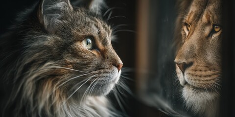 Fototapeta premium Cat and lion gazing at each other through a glass in a cozy indoor setting during early morning light