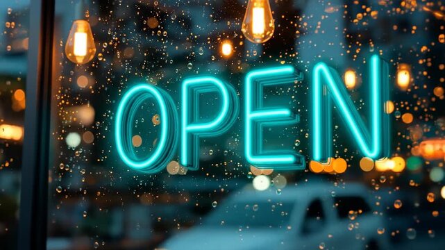 A neon "OPEN" sign in a store window at night with a light rain and bokeh street lights.