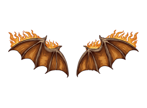 Brown dragon wings with fire illustration fantasy drawing isolated on a transparent background