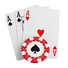 Obraz premium Three aces and a casino chip isolated on transparent background