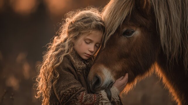 Young girl embraces a horse in a serene meadow during golden hour light