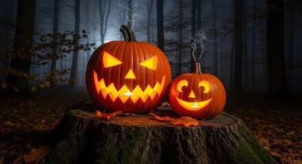 Two jack-o'-lanterns glow on a stump at night amidst spooky woods, one smoking