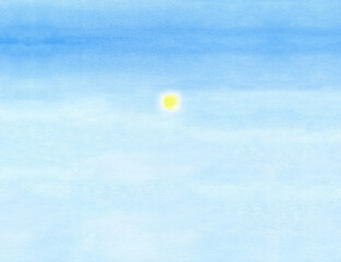 Blue sky with warm sun landscape watercolor background. Hand drawn illustration for decoration. Clear sunny day for create postcards, stationery, wallpaper, invitation, packaging, website.