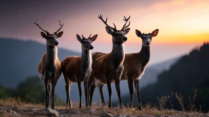 Deer grazing at dusk mountain range wildlife photography serene environment wide-angle view nature's beauty