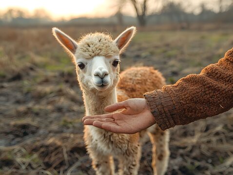 A caring farmer gently tends to a malnourished alpaca at dusk