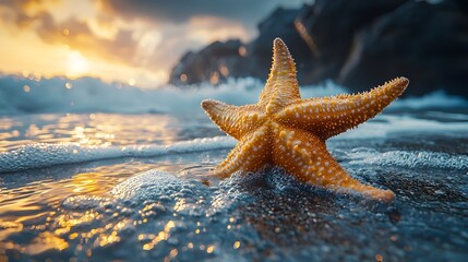 Solitary starfish on a tranquil beach at sunset