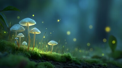 Luminous Mushrooms on Mossy Ground, Fairy Lights Floating in a Dark Green Forest