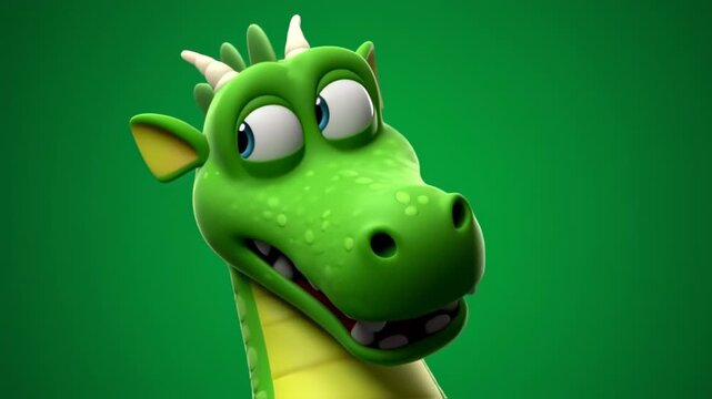 Adorable Green Cartoon Dragon with Big Blue Eyes and Friendly Smile on Green Background