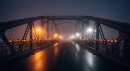 Obraz premium Long exposure shot of a dimly lit bridge with streetlights reflecting on the water at night.