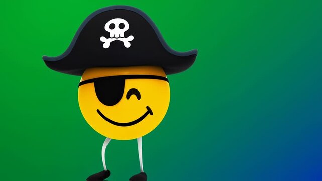 Whimsical Yellow Character Dons Pirate Hat and Eye Patch, Grinning Against Gradient Backdrop