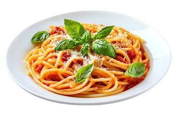 A plate of spaghetti with tomato sauce and basil leaves on a white round plate close up top view shot on transparent background