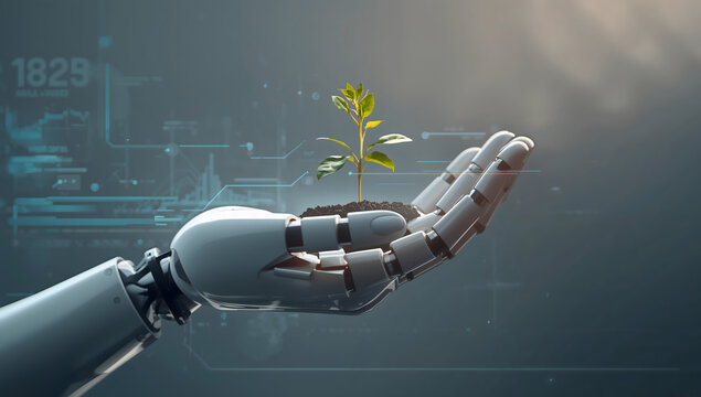 Robot hand gently holding a young plant with digital HUD elements around it - Powered by Adobe