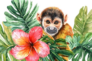 Obraz premium Watercolor painting of a monkey surrounded by tropical leaves and a vibrant hibiscus flower