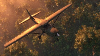 Fototapeta premium Small plane flies high over a dense forest at dawn