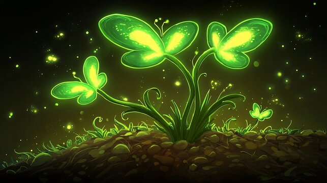 Glowing plant life in darkened field