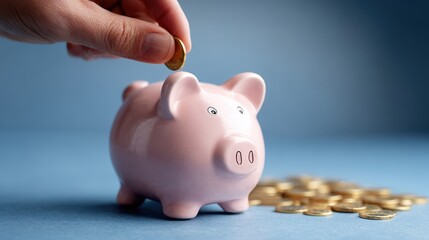 Person placing a coin into a pink piggy bank with scattered gold coins on a blue surface