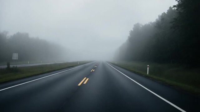 A Serene Drive Through a Foggy Landscape: Capturing the Mysterious Beauty of a Quiet, Rain-Slicked Road Surrounded by Greens and Overcast Skies