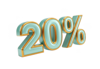 3d rendered turquoise and gold 20 percent discount isolated on transparent background