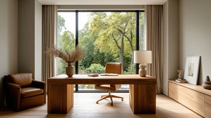 Fototapeta premium Office Interior with Wooden Furniture and Window View