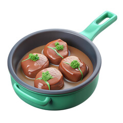 Four Meatballs in Green Pan with Sauce and Parsley