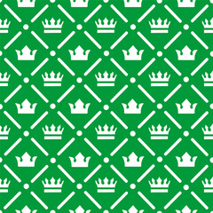 Hand drawn seamless pattern. Featuring crowns and graphic design elements on green background. Vector.