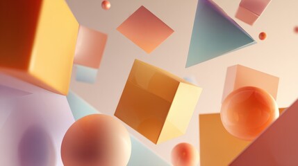 Colorful geometric shapes including cubes, spheres, and pyramids are floating in a soft gradient background, creating a vibrant and dynamic abstract composition for visual design