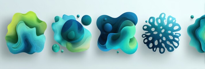 Colorful abstract shapes in varying shades of blue and green display texture and depth on a smooth background