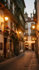 Fototapeta premium cobblestone street between historic European buildings