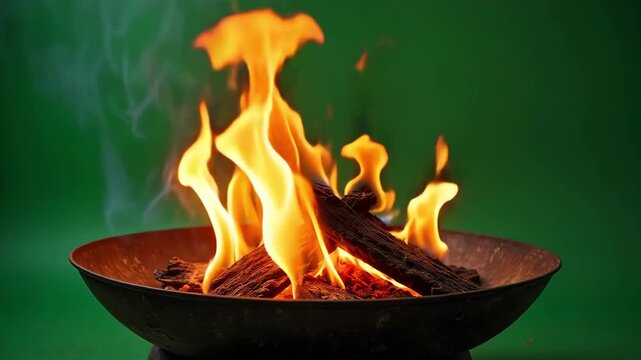 Vibrant bonfire flames dance energetically from burning logs in a rustic metal fire pit