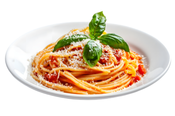 Spaghetti with tomato sauce and basil leaves served on a white plate against a black background on transparent background