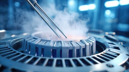 High angle view of microcentrifuge spinning dna samples in laboratory setting for scientific research and innovation
