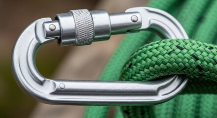 Silver carabiner secures a bright green rope, blurred nature background